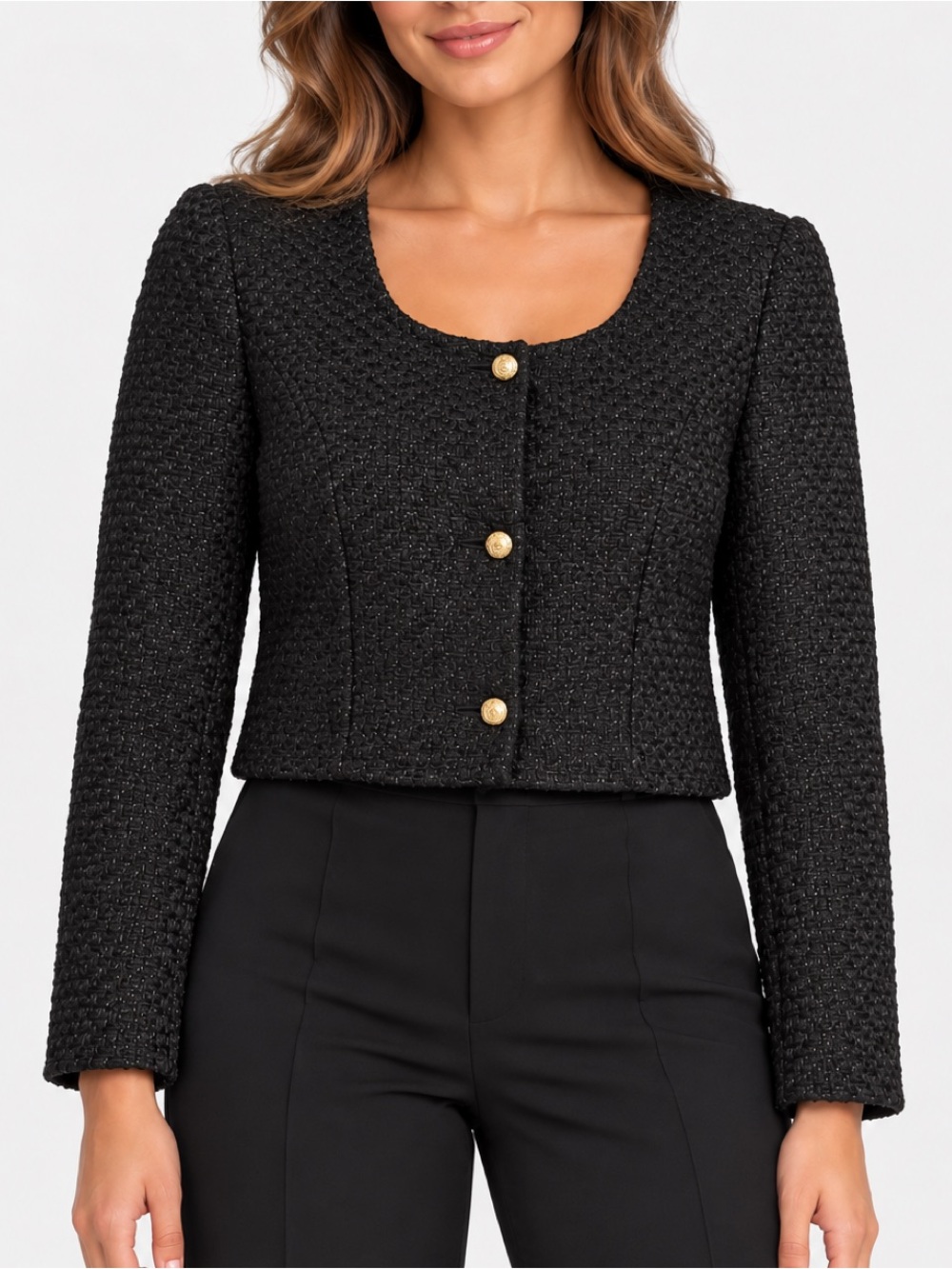 Hyacinth House Black Tweed Cropped Blazer Jacket Gold Buttons Women’s XS